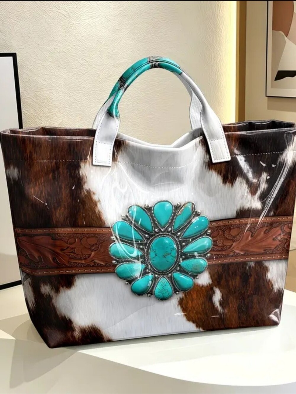 Beautiful Western Print Turquoise Brown PVC Large Daily Commute Tote
